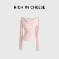 RICH IN CHEESE Pure Desire Swing Neck Knitted Waist Pleated Long Sleeves