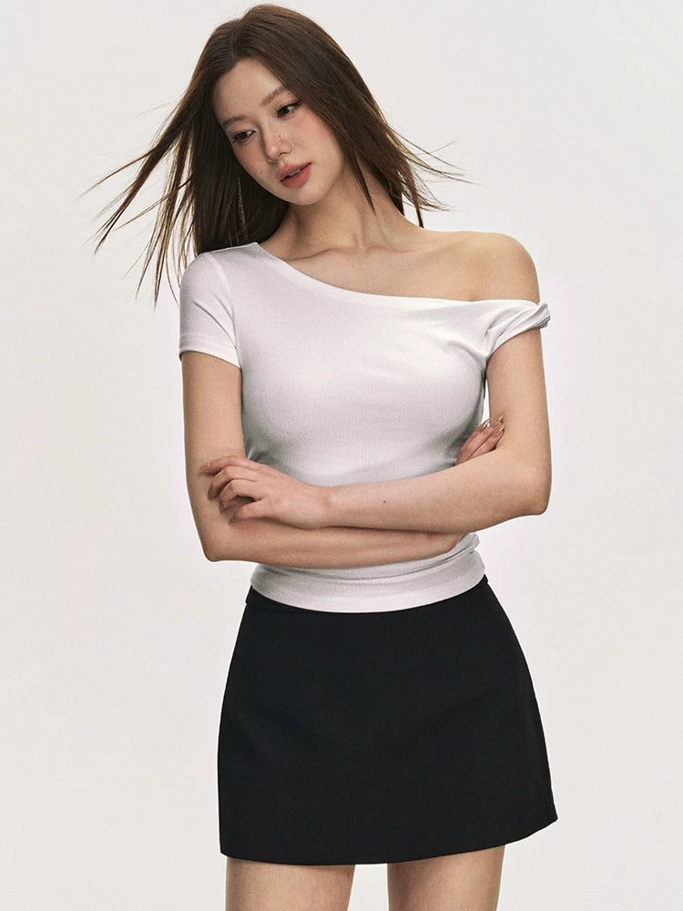 Anna Aneae Slanted Shoulder Slim Temperament Short Knit Tee