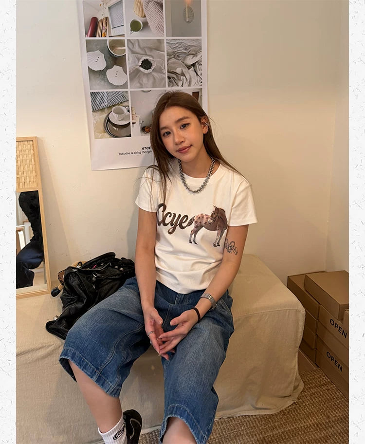CCYE Front Shoulder Slightly Loose Round Neck Tee