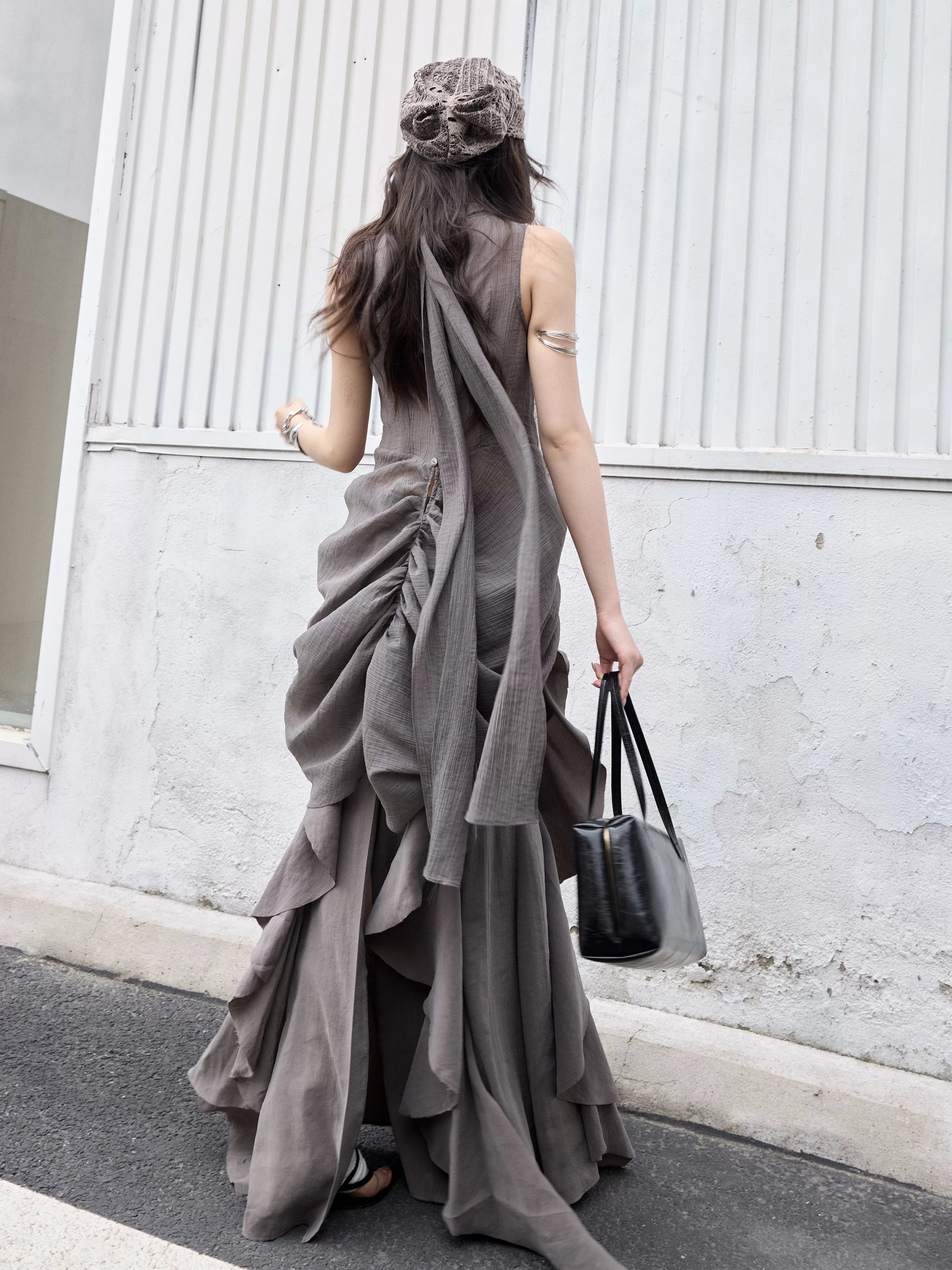JNYLON Vintage Pleated Ultra Low Swinging Neck Lace-Up Vest