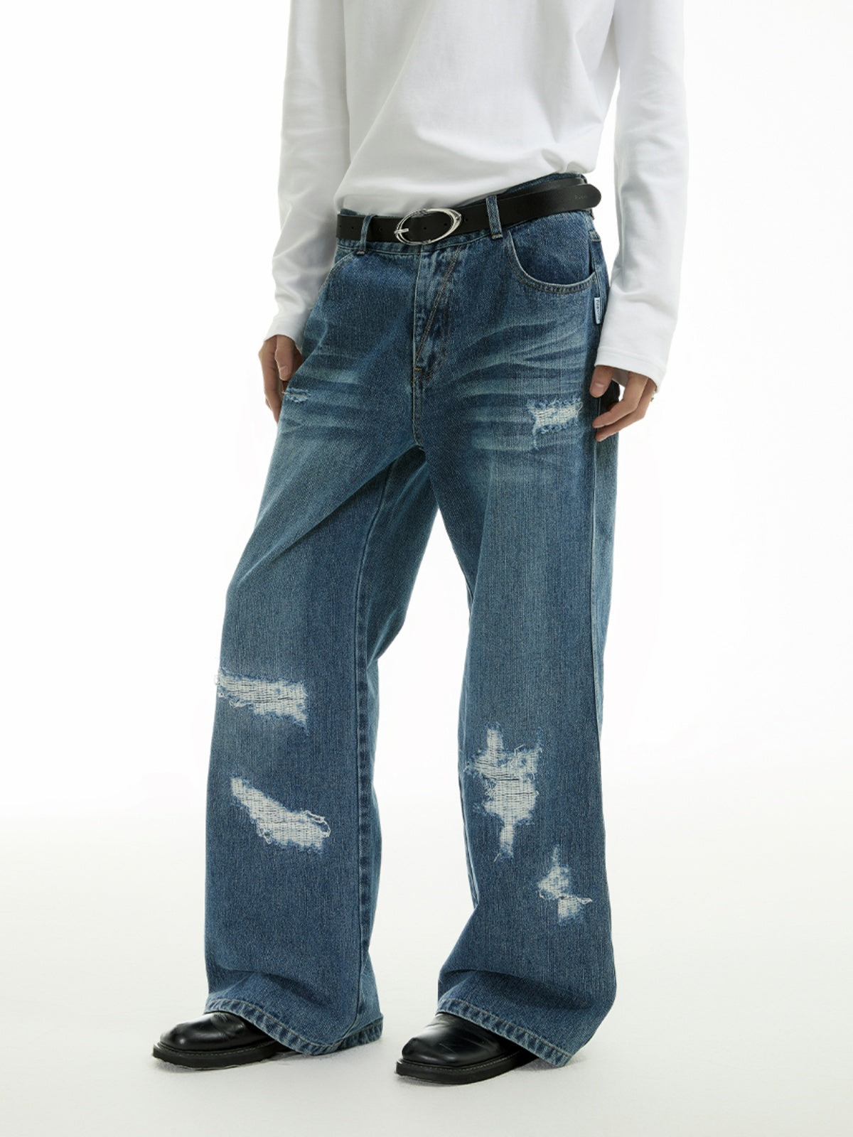FUNKYFUN  Irregular Ripped Straight Loose Jeans