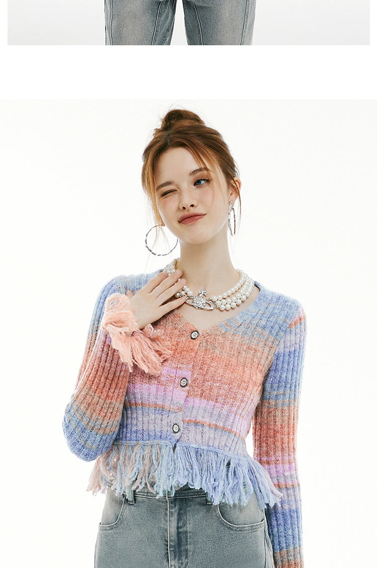 Imone Irregular Gradual Change Contrasting Tassel V-neck Knitted Sweater