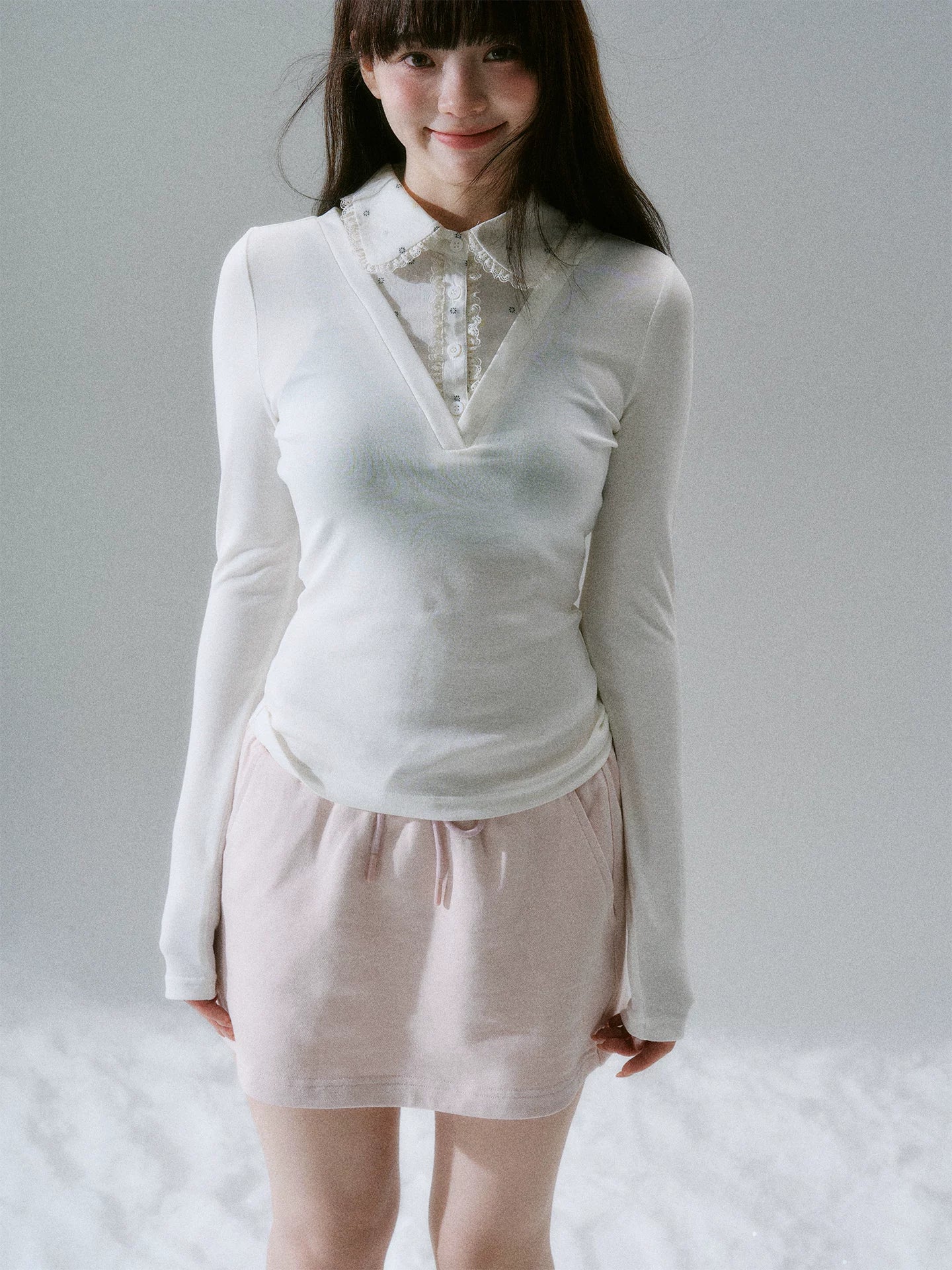 LOST FOREST Splicing Doll Crew Neck Lace Stretch Long Sleeve