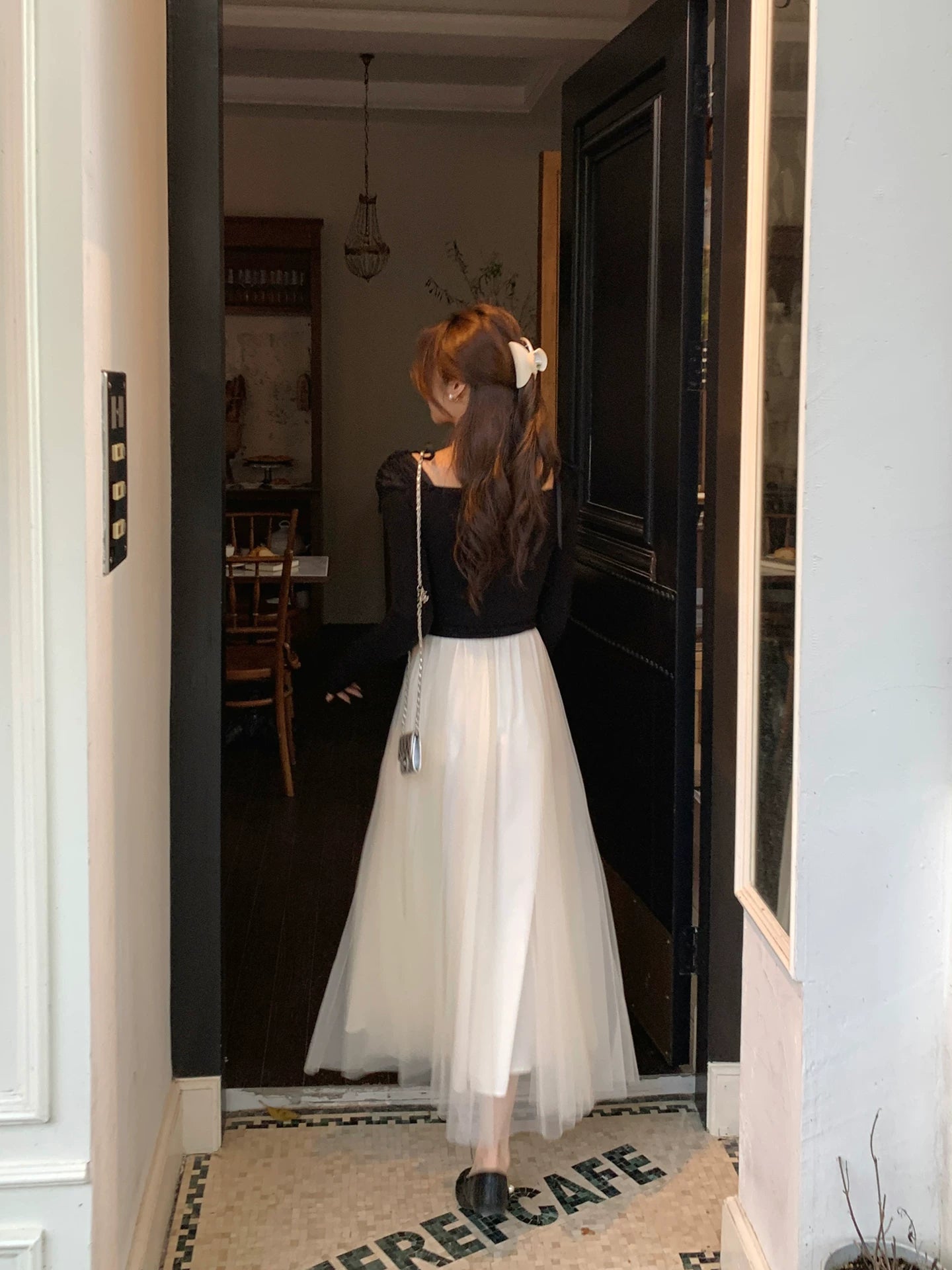 Even Square Collar Daughter Pinched Waist Thin Dress