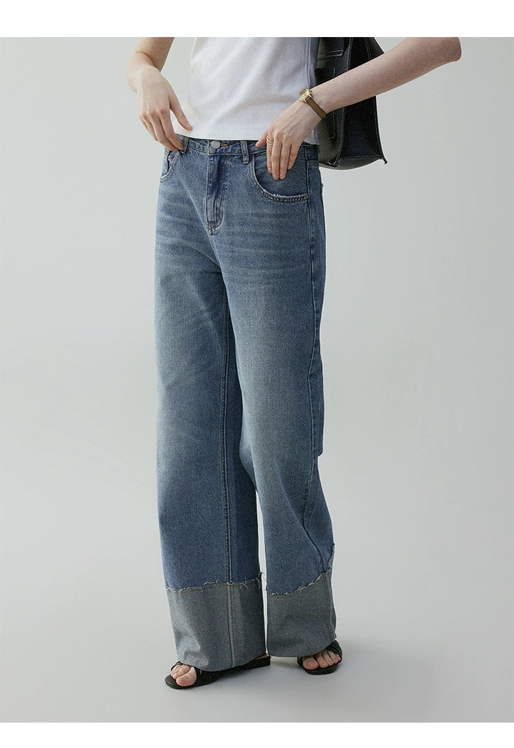 VOOE Korean Loose Fold-Over Curled Wide-Leg Jeans