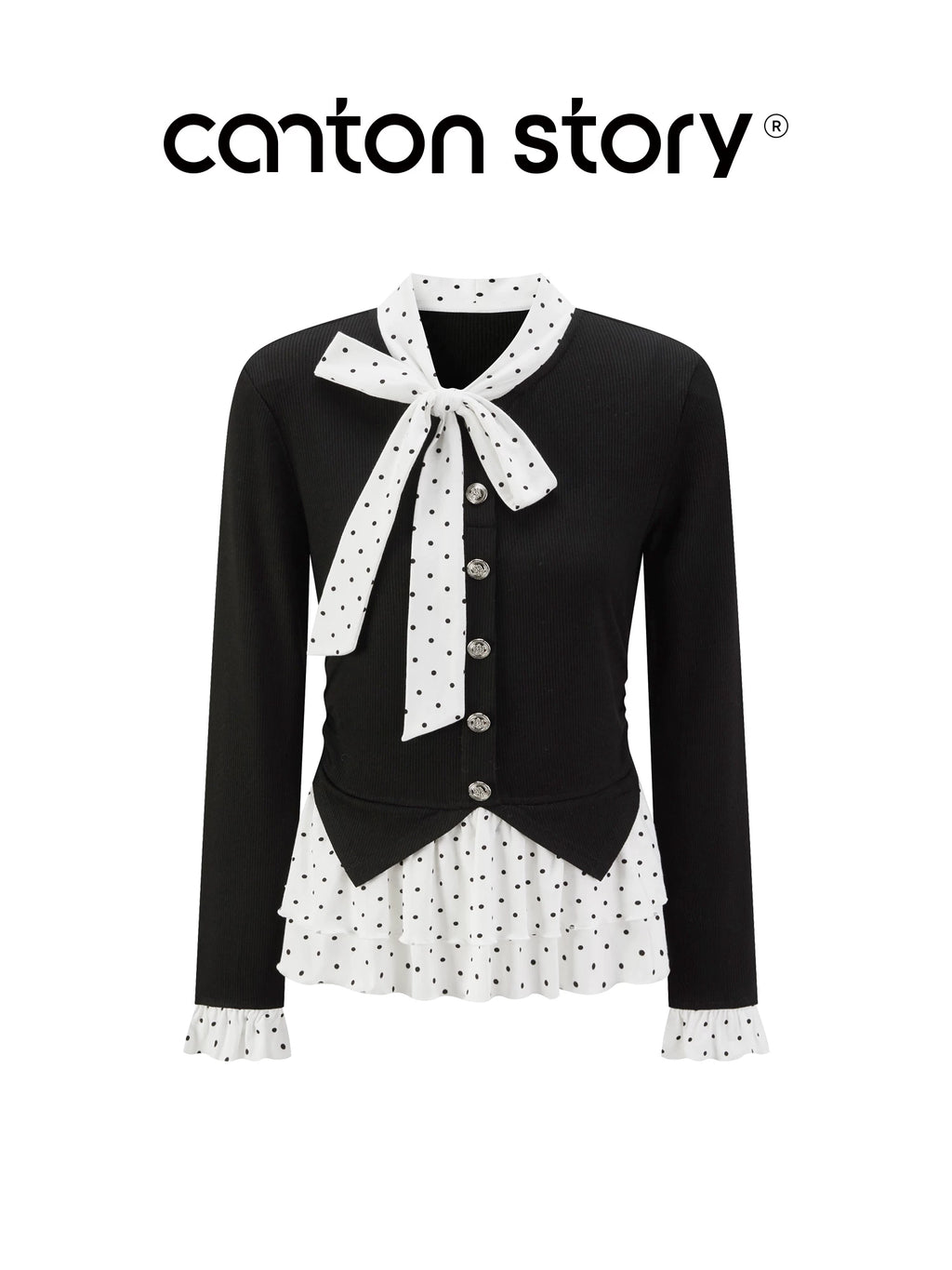 Cantonstory Polka Dot Fake Two Long Sleeves
