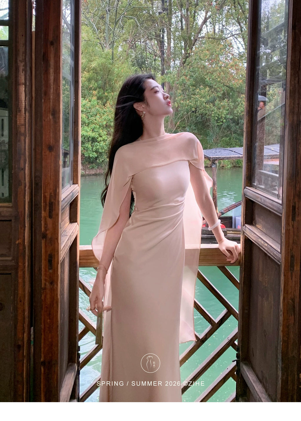 ZIHE Satin Spliced Chiffon Shawl Fishtail Dress