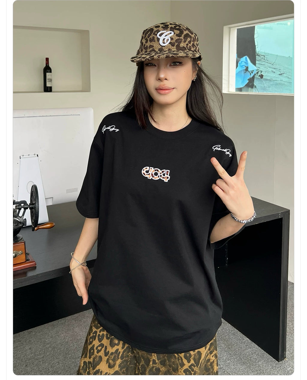 404MOB Leopard Print Alphabet Embroidered Round Neck Versatile Tee