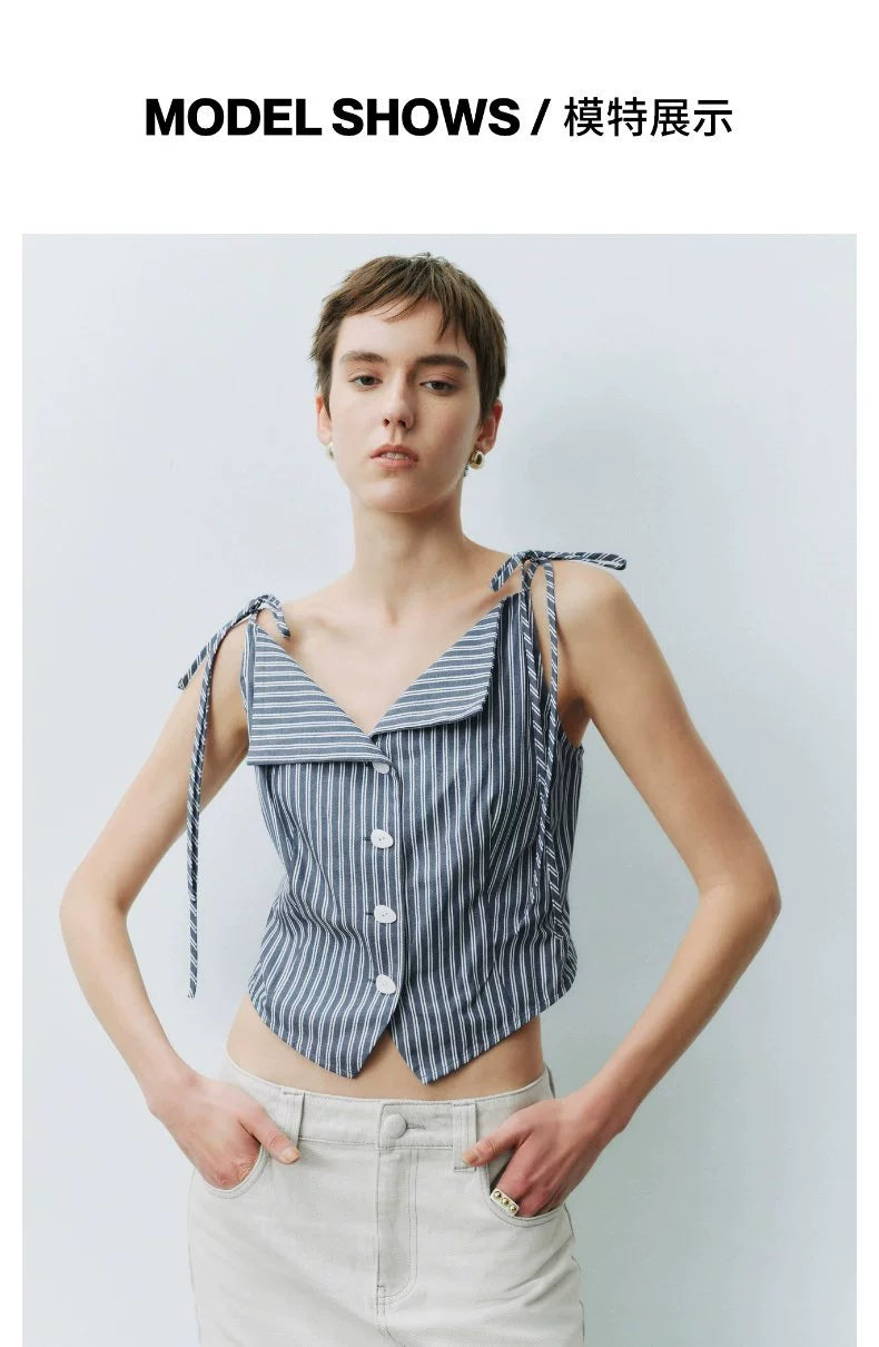 URBAN REVIVO Contrast Striped Lace-Up Sleeveless Open Shirt