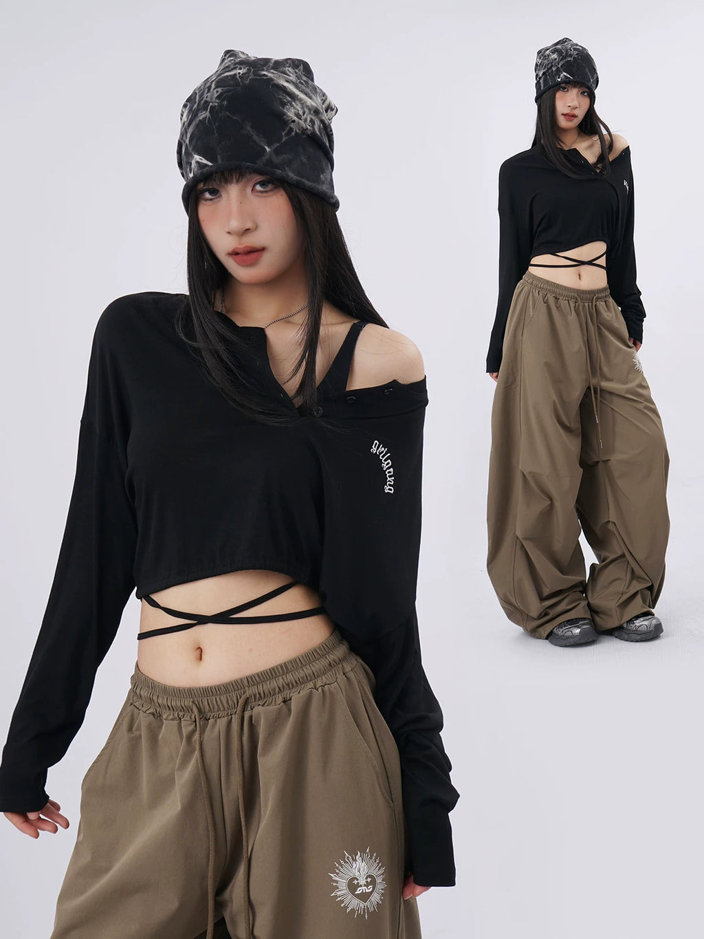 SAMUSAN Loose Lace-up Waist Loose Long Sleeves