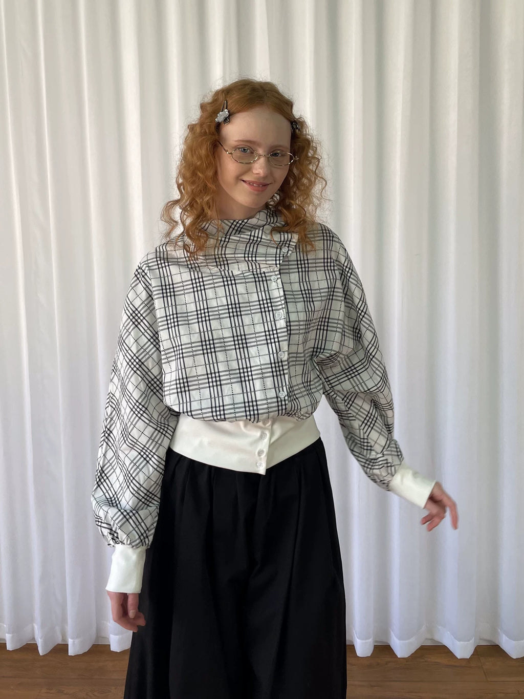 Loosesmell Plaid Pleated Collar Long-sleeved Shirt Jacket