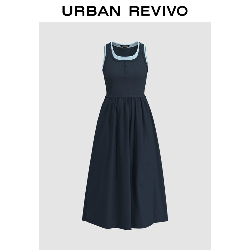 URBAN REVIVO Stitching Fake Two-piece Contrasting Sleeveless Dress