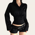 FUNOFF Retro Lapel Waist Slim Long-sleeved Shirt