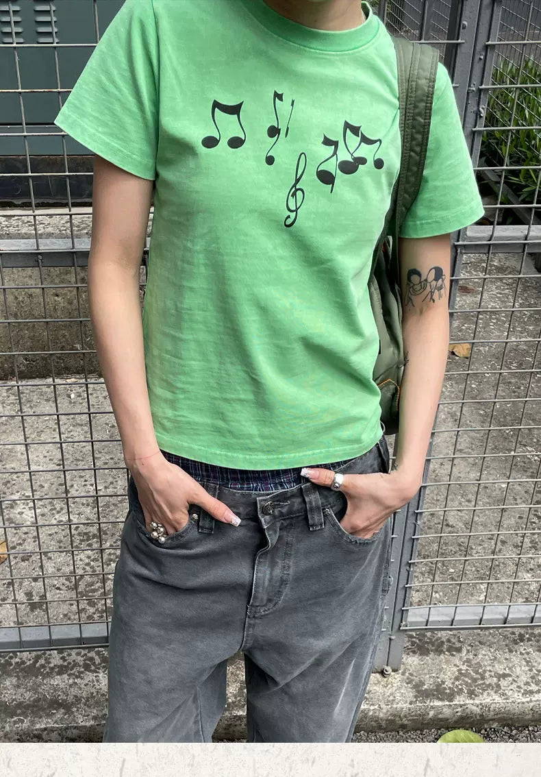 MMBBT Music Note Print Short Round Neck Front Shoulder Tee