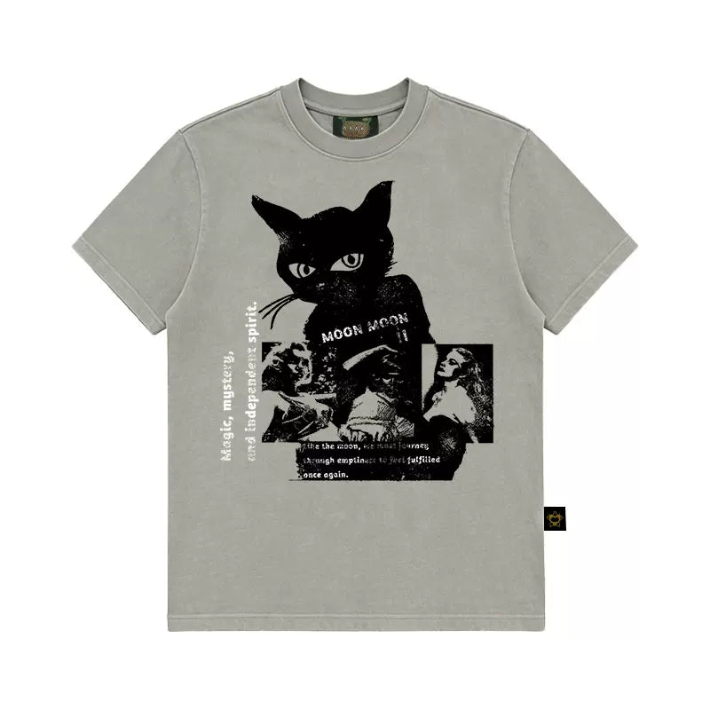MMBBT Black Cat Print Casual Short Tee