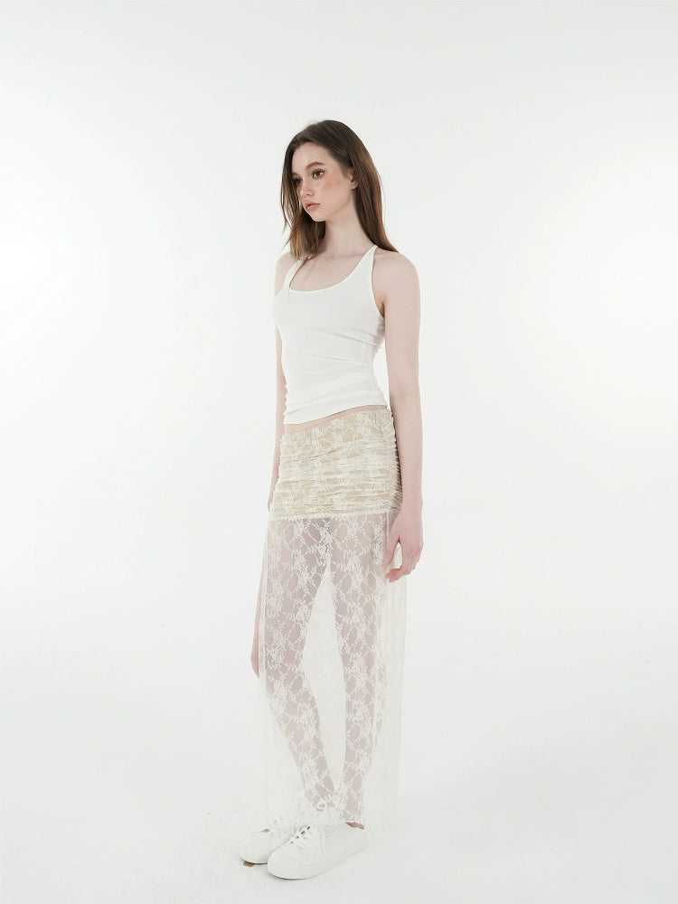 Jim Kennet Lace Jacquard Strap Cardigan High Slit Skirt Set