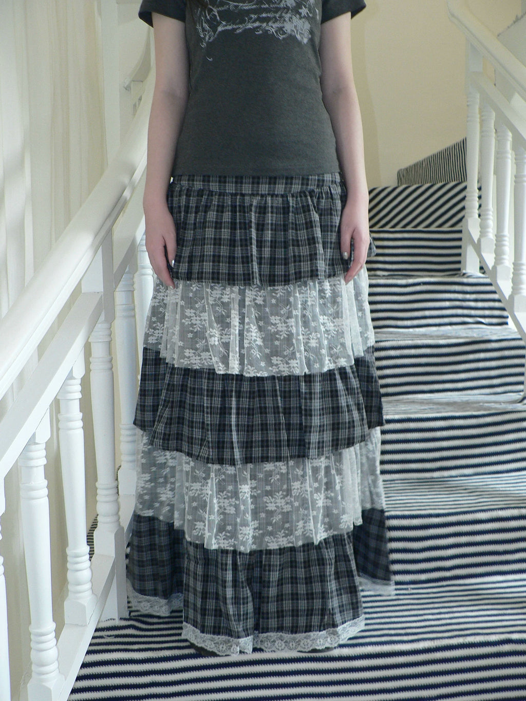 Ang:project Plaid Paneled Floral Mesh Maxi Skirt