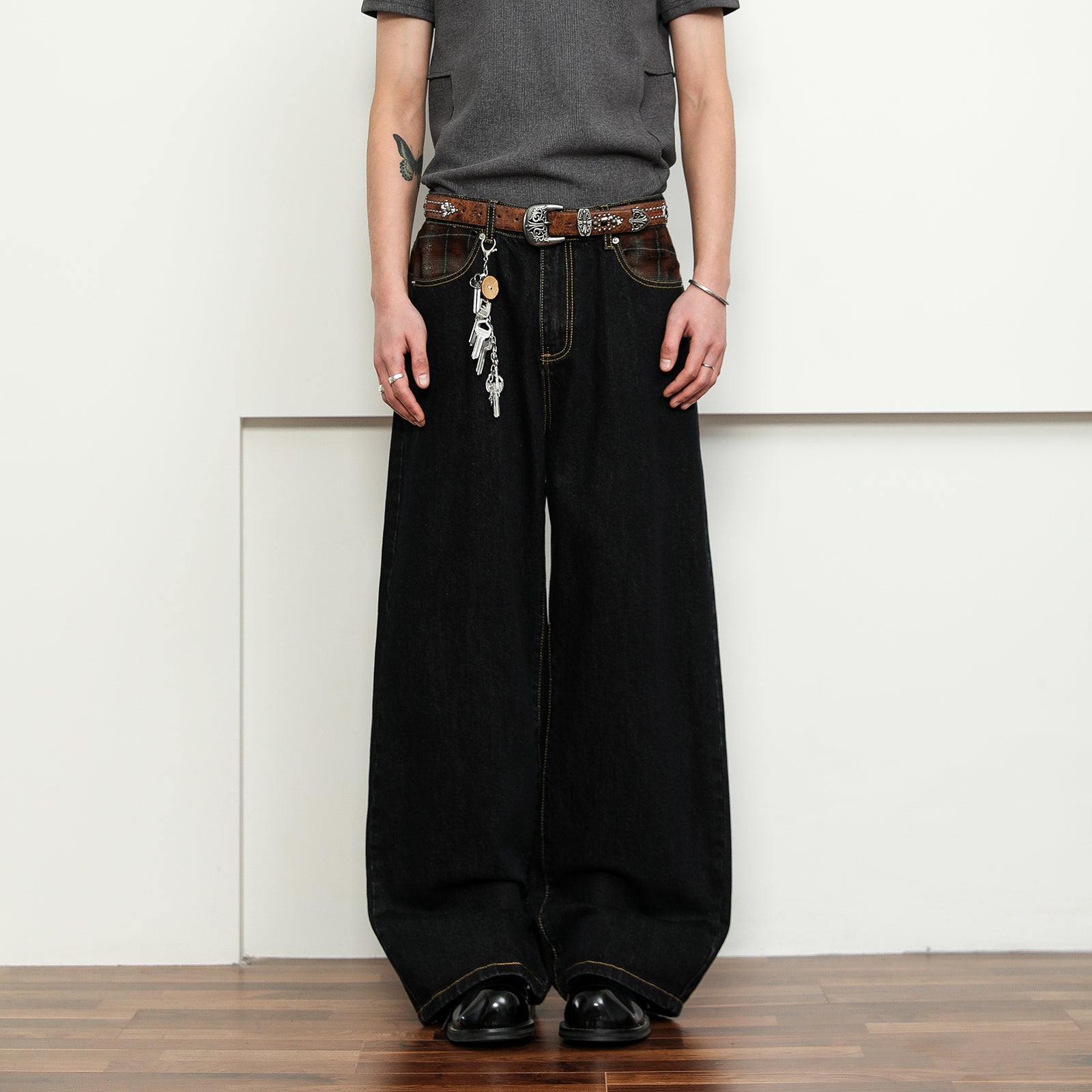 FLYOFF Splicing plaid JAPENESE RAW DENIM jeans