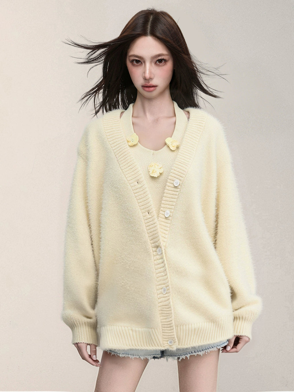 KDASE Mink V-neck Knitted Cardigan