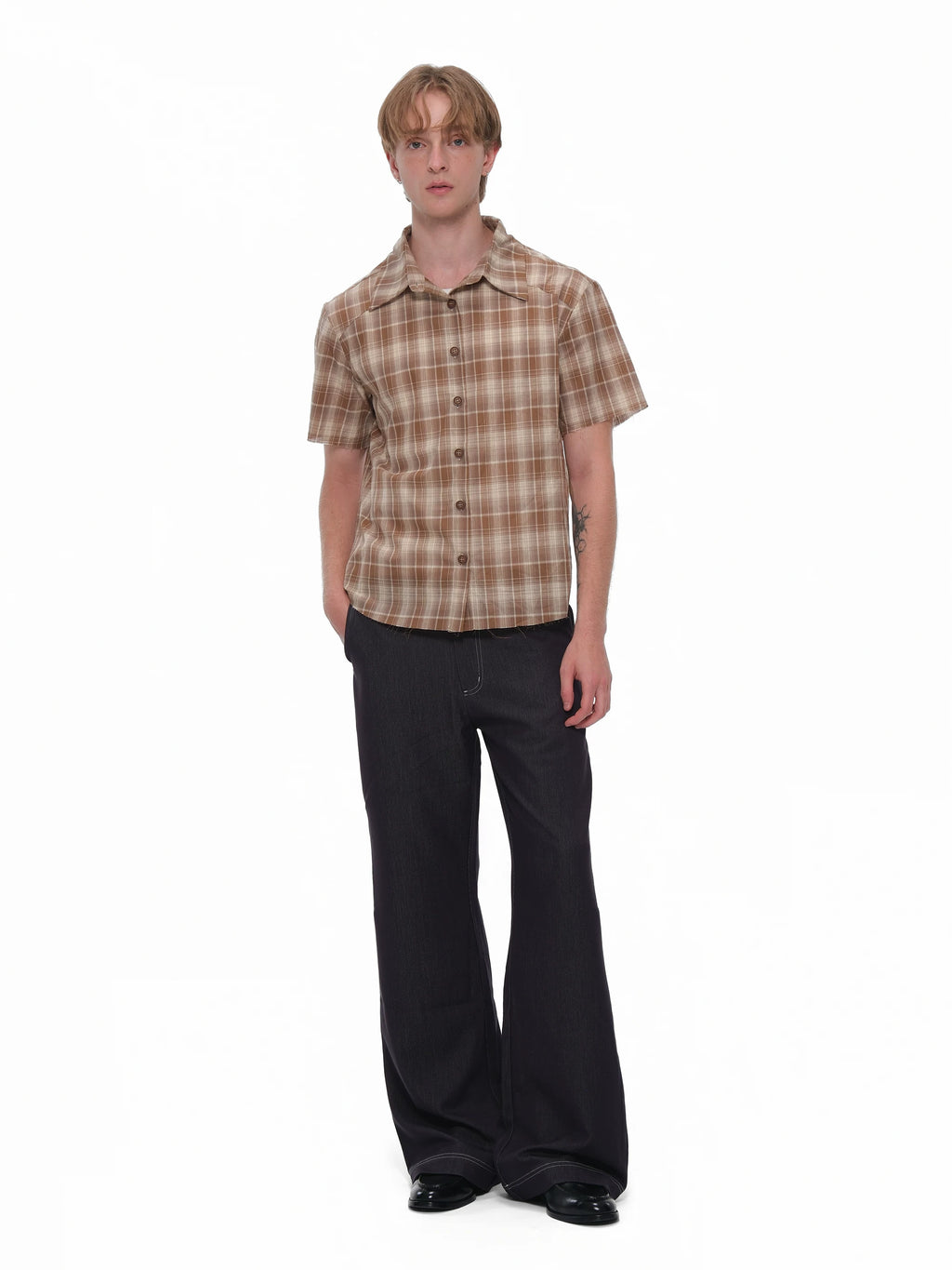 Set for life handmade tassel beard cotton light plaid casual short-sleeved shirt