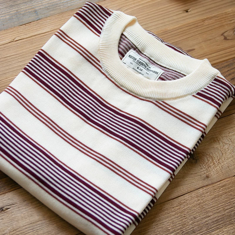 PrintAce Knitted Vintage Striped Crew Neck Front Shoulder Tee