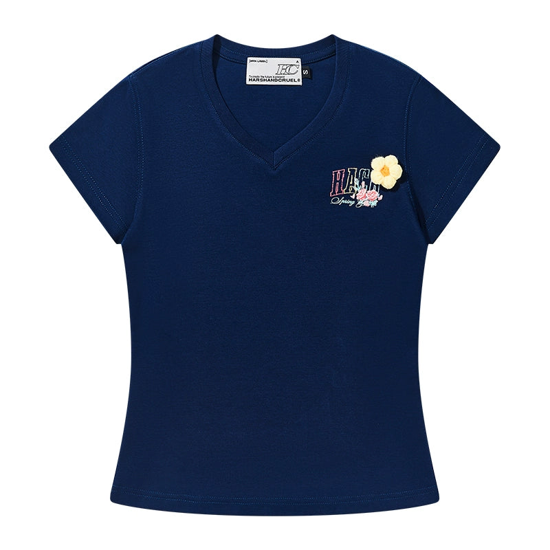 HACR Wool Small Flower Elastic Slim V-neck Tee