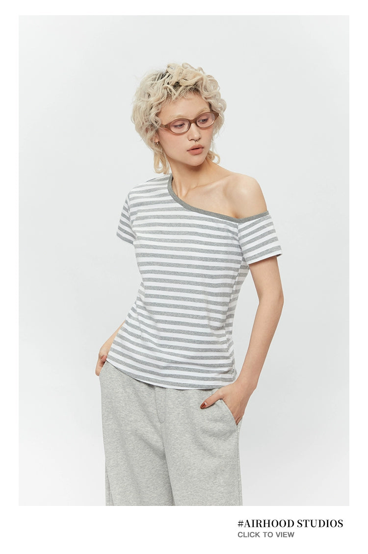 AIRHOOD Slanted Shoulder Striped Off-the-shoulder Tee