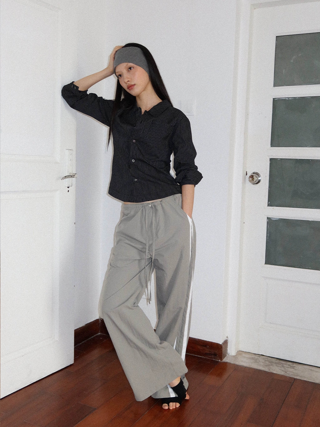 FUNKYFUN Fine Plaid Slim-fit Small Long-sleeved Shirt