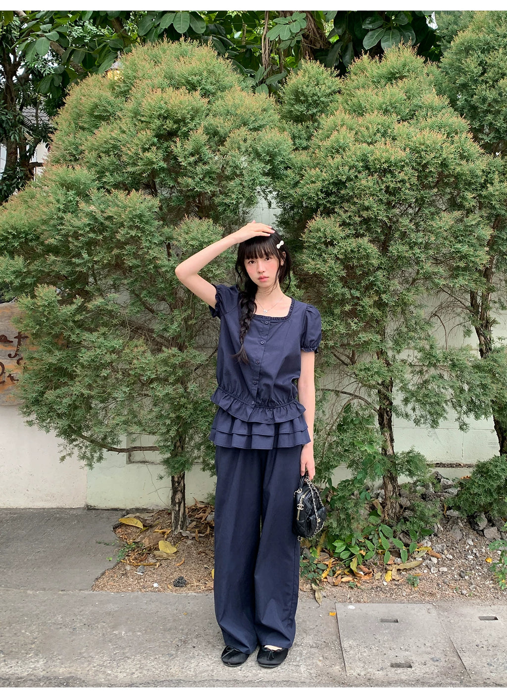 KANO Bubble Sleeve Waist Top Casual Pants Set