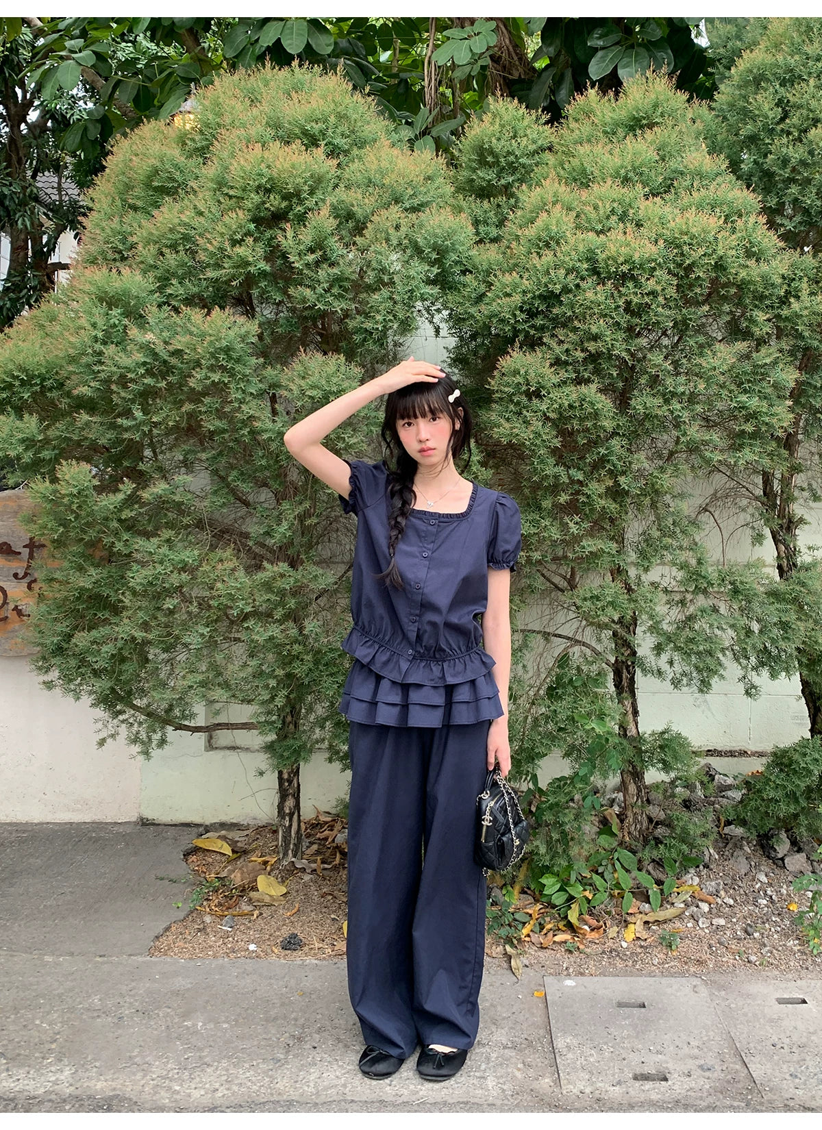 KANO Bubble Sleeve Waist Top Casual Pants Set