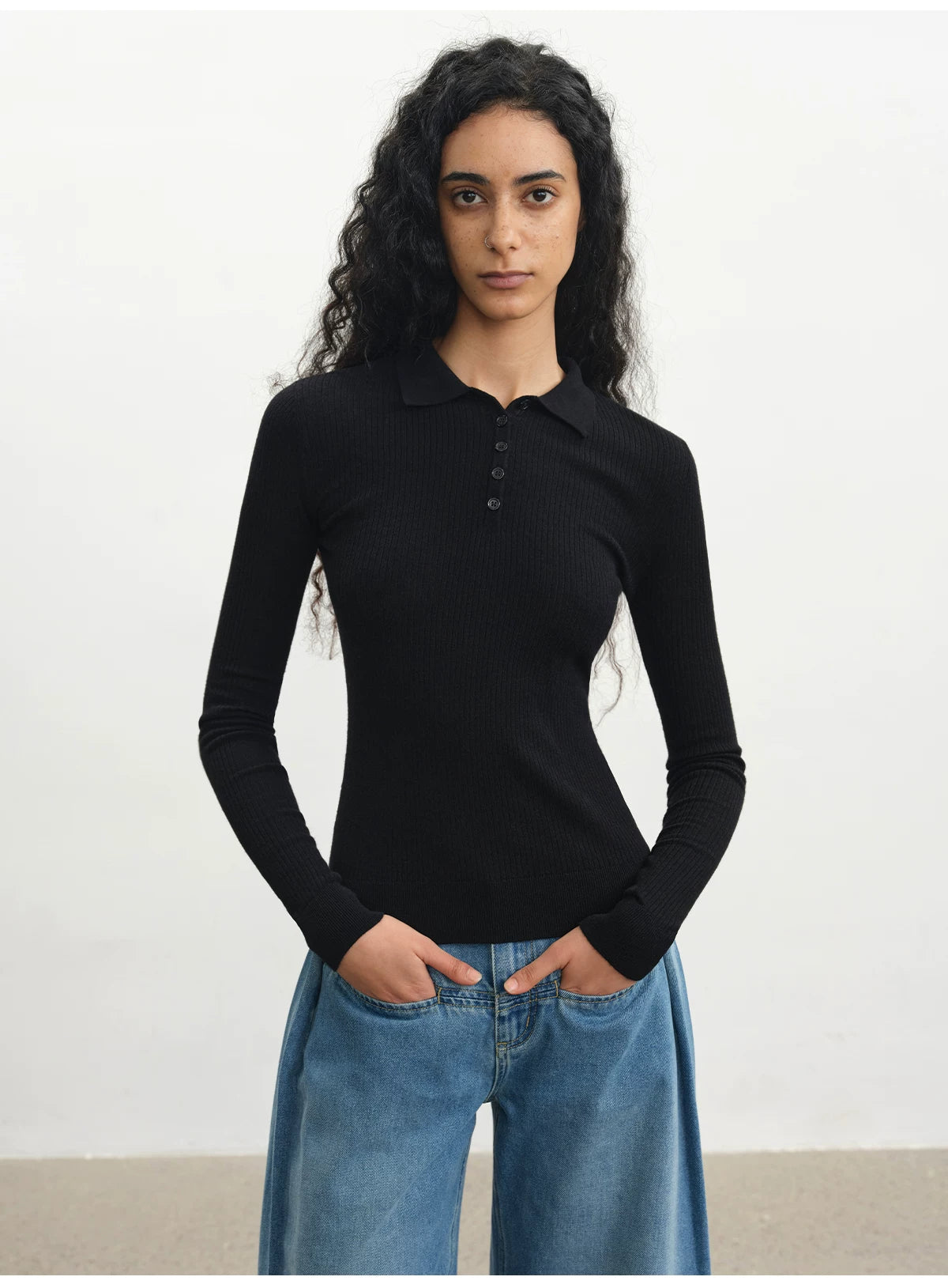 JCAESAR POLO Collar Pit Strip Knitted Bottom Long Sleeve