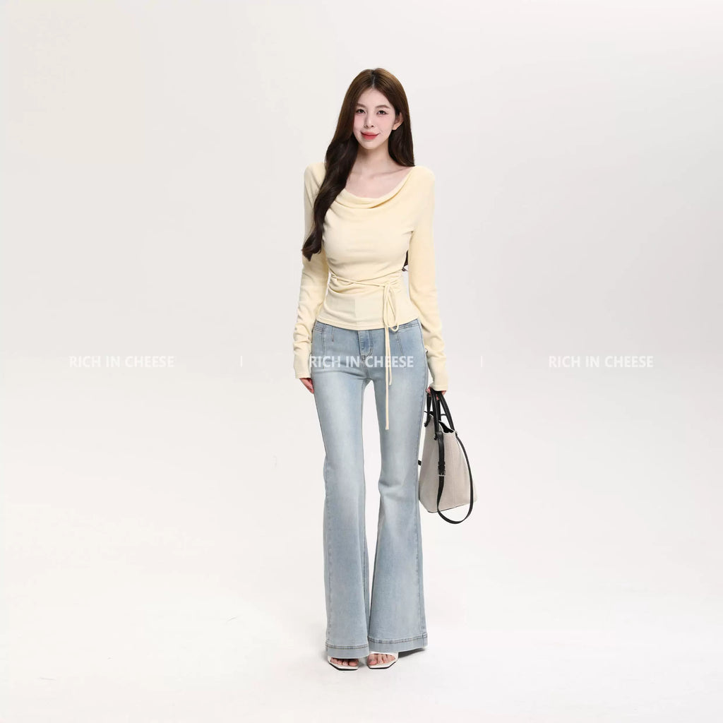 RICH IN CHEESE Waist Fold Temperament Swing Neck Long Sleeve