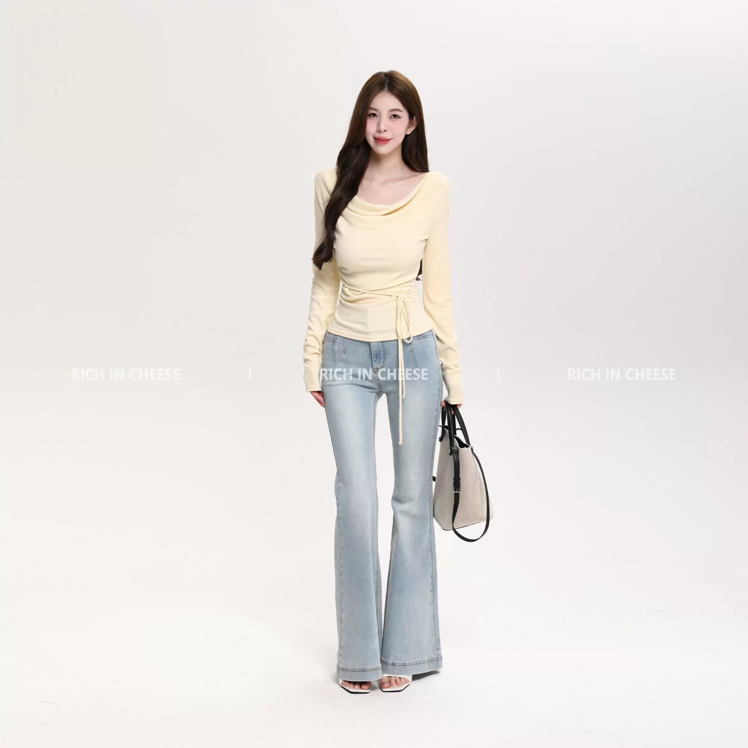 RICH IN CHEESE Waist Fold Temperament Swing Neck Long Sleeve