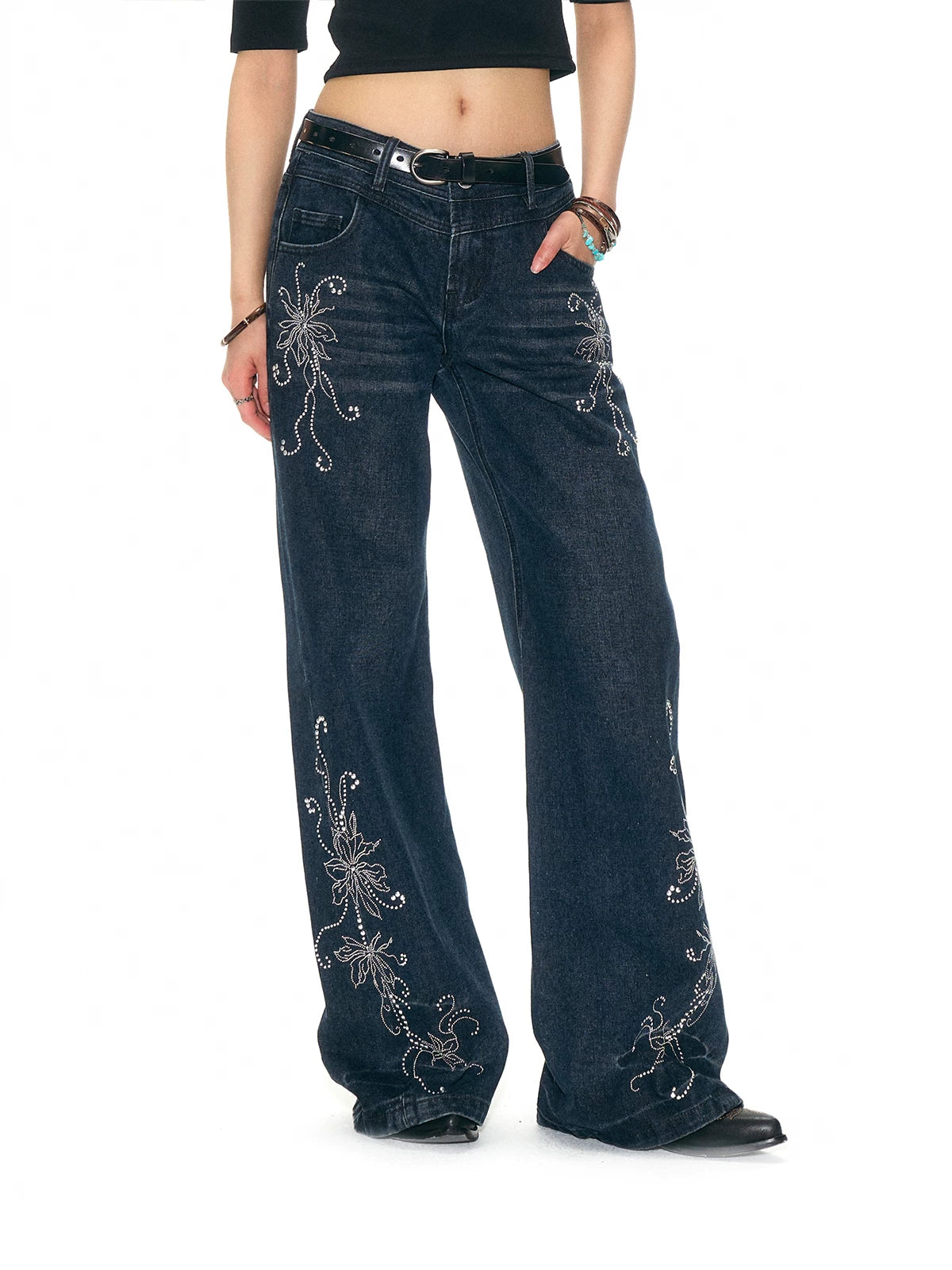 LOUMUTAKU Handmade Hot Diamond Floral Wide Leg Jeans