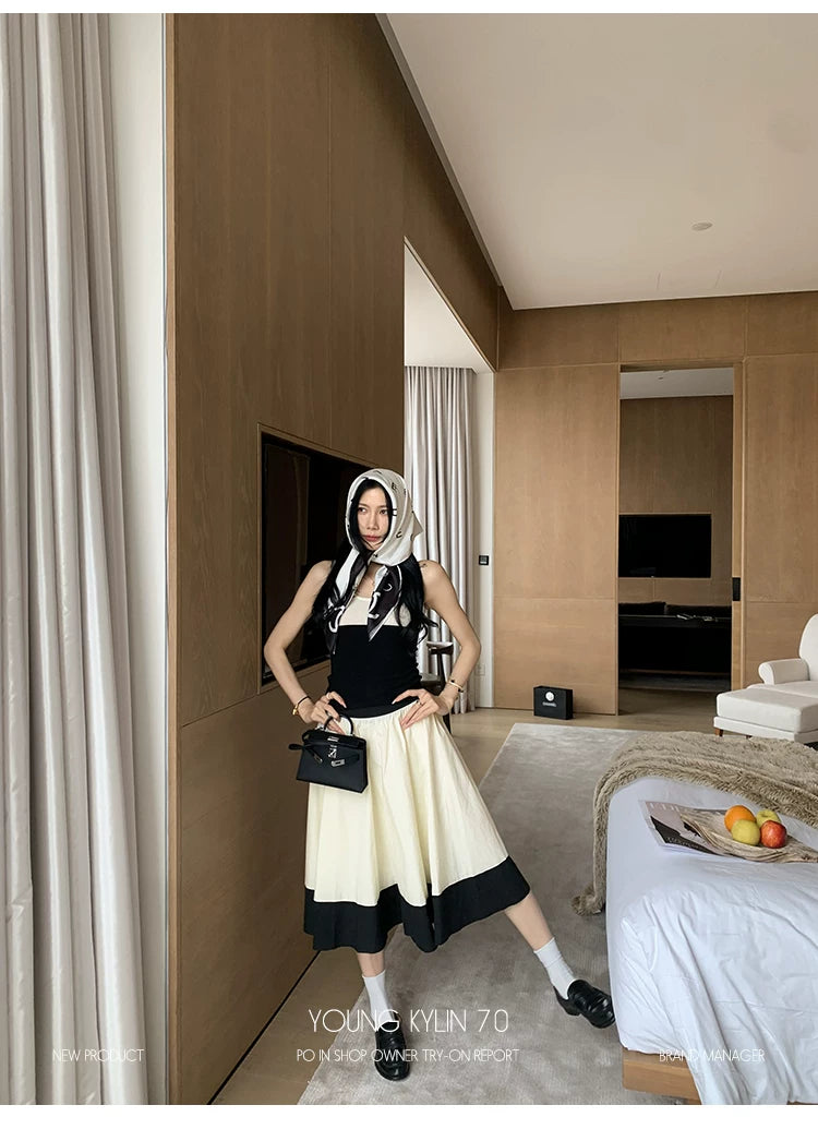 YOUNG KYLIN Contrasting Color Slim Top Skirt Set
