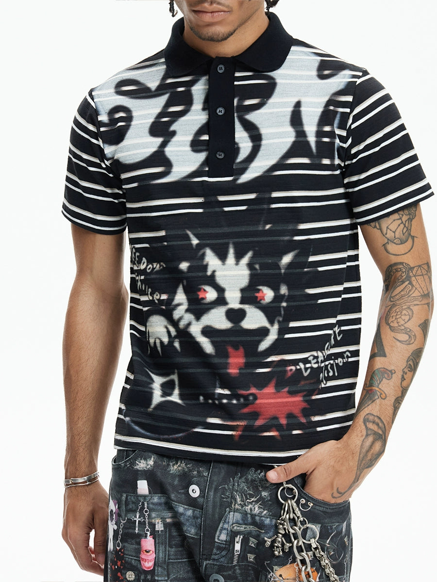 DND4DES Bad Cat Print Slim Fit Stretch Polo Shirt