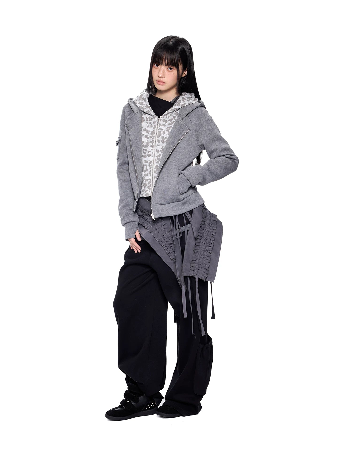Ezek Faux Two-piece Leopard Print Hooded Cropped Jacket
