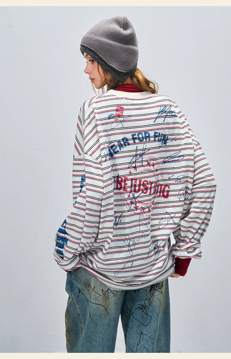 BJHG Striped Graffiti Print Knitted Sweater Couple Sweater