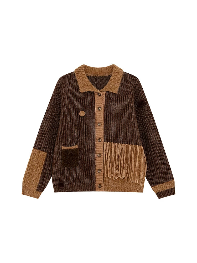 Kano Retro Contrasting Tassel Hairball Knitted Cardigan