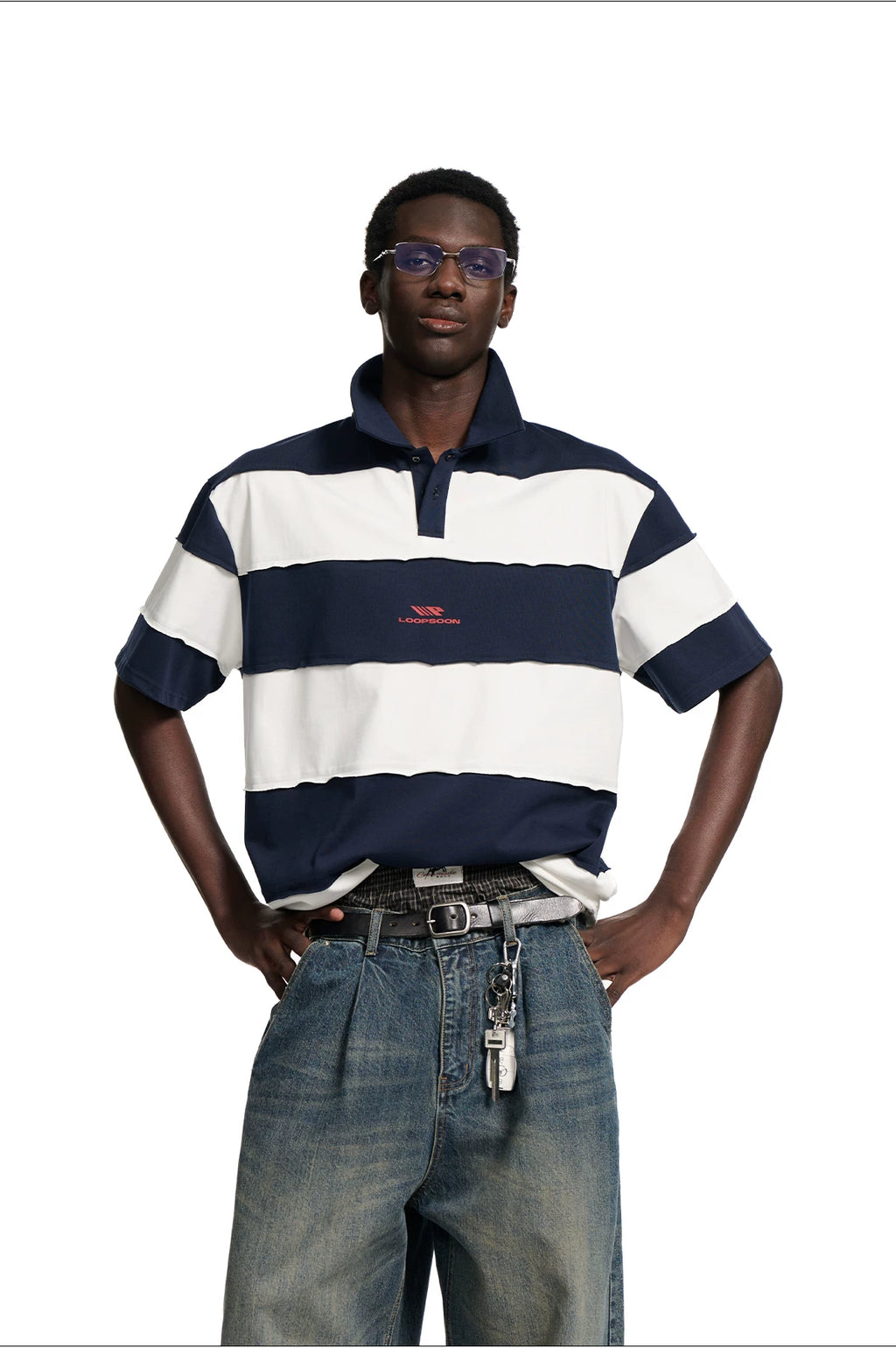 Loopsoon Vintage Contrasting Stripe Stitching Rough Edge Polo Tee