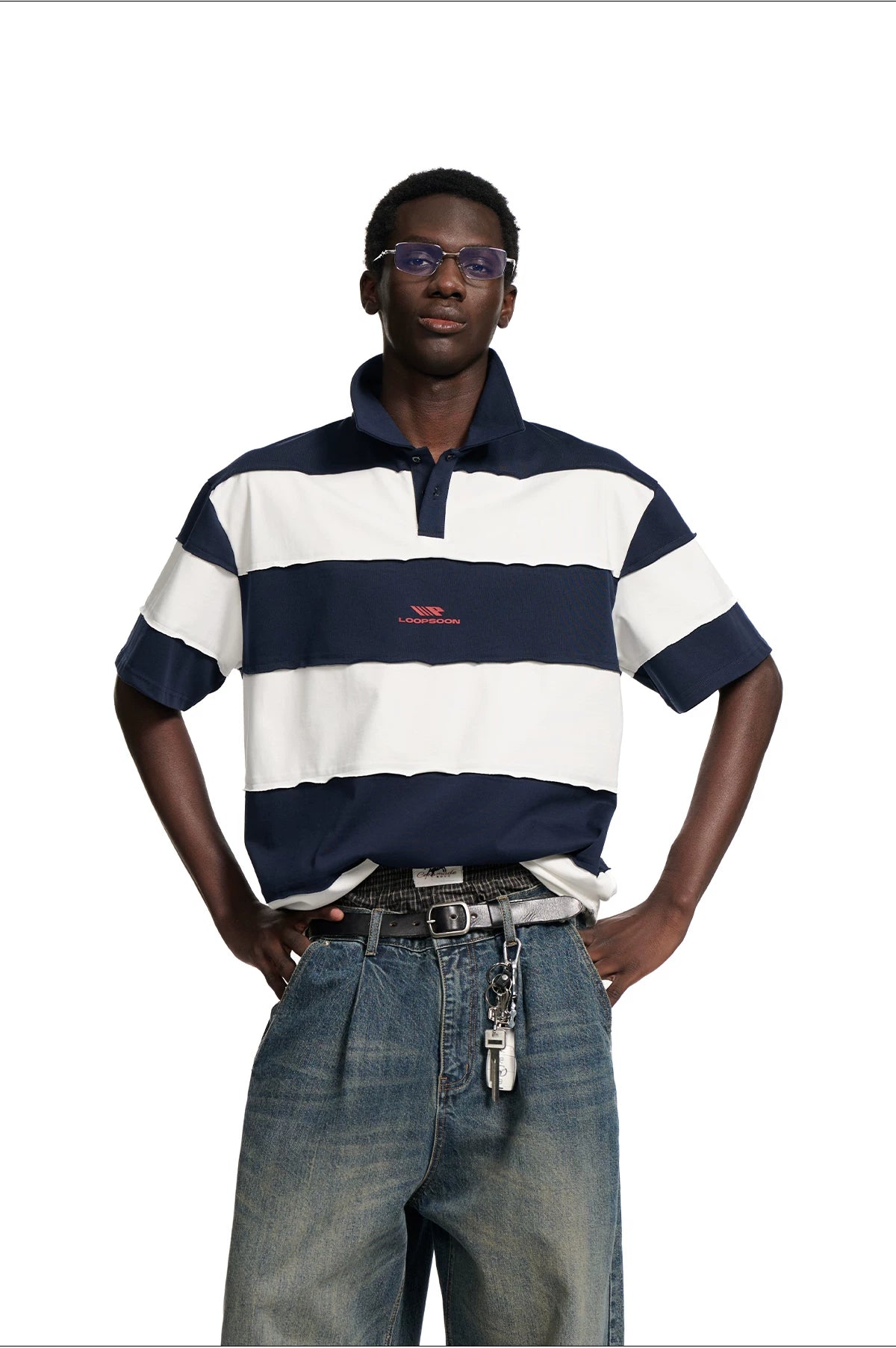 Loopsoon Vintage Contrasting Stripe Stitching Rough Edge Polo Tee