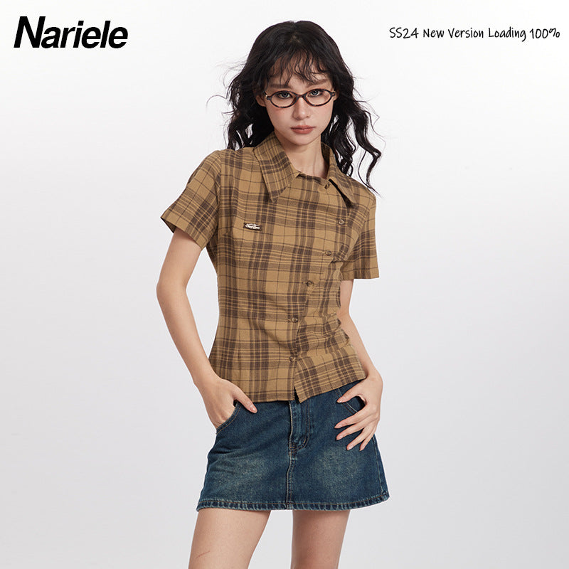 Nariele New Chinese Button College Plaid Short Sleeve Shirt