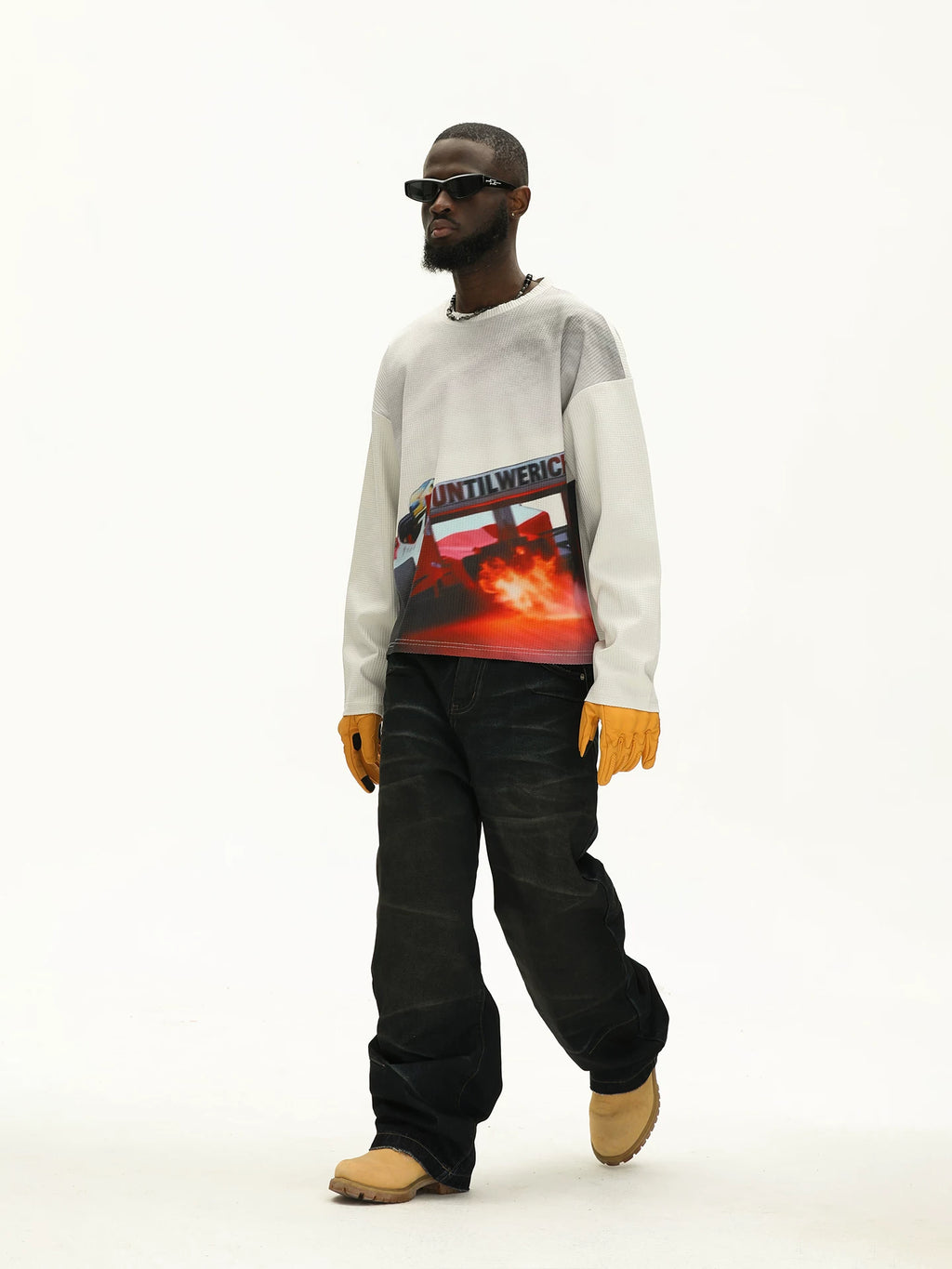 UNTILWERICH Waffle Crew Neck Racing Print Loose Sweater
