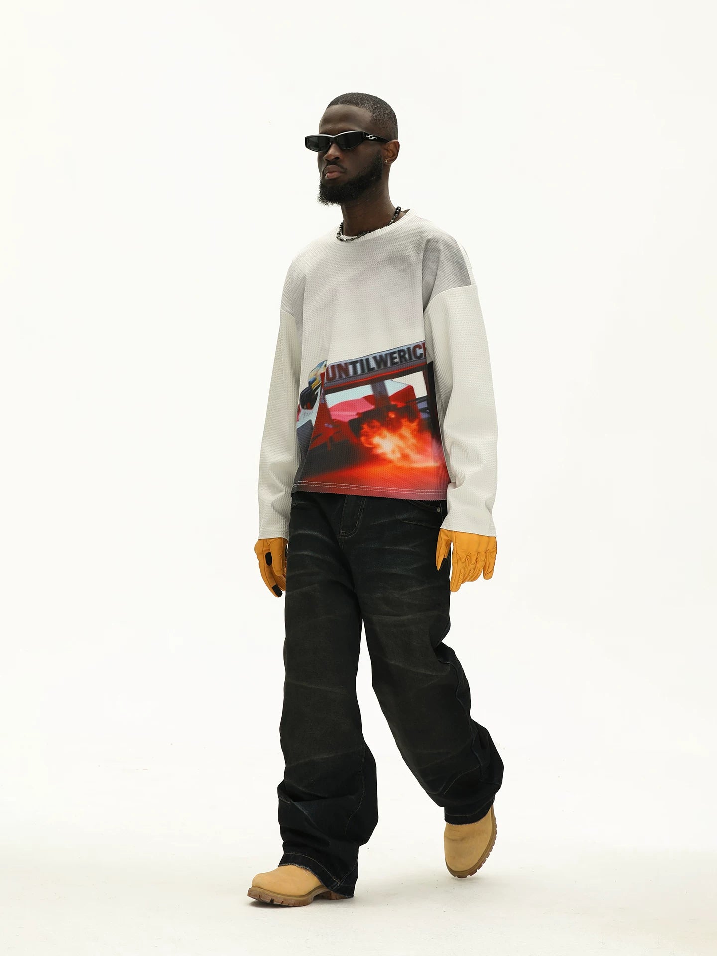 UNTILWERICH Waffle Crew Neck Racing Print Loose Sweater