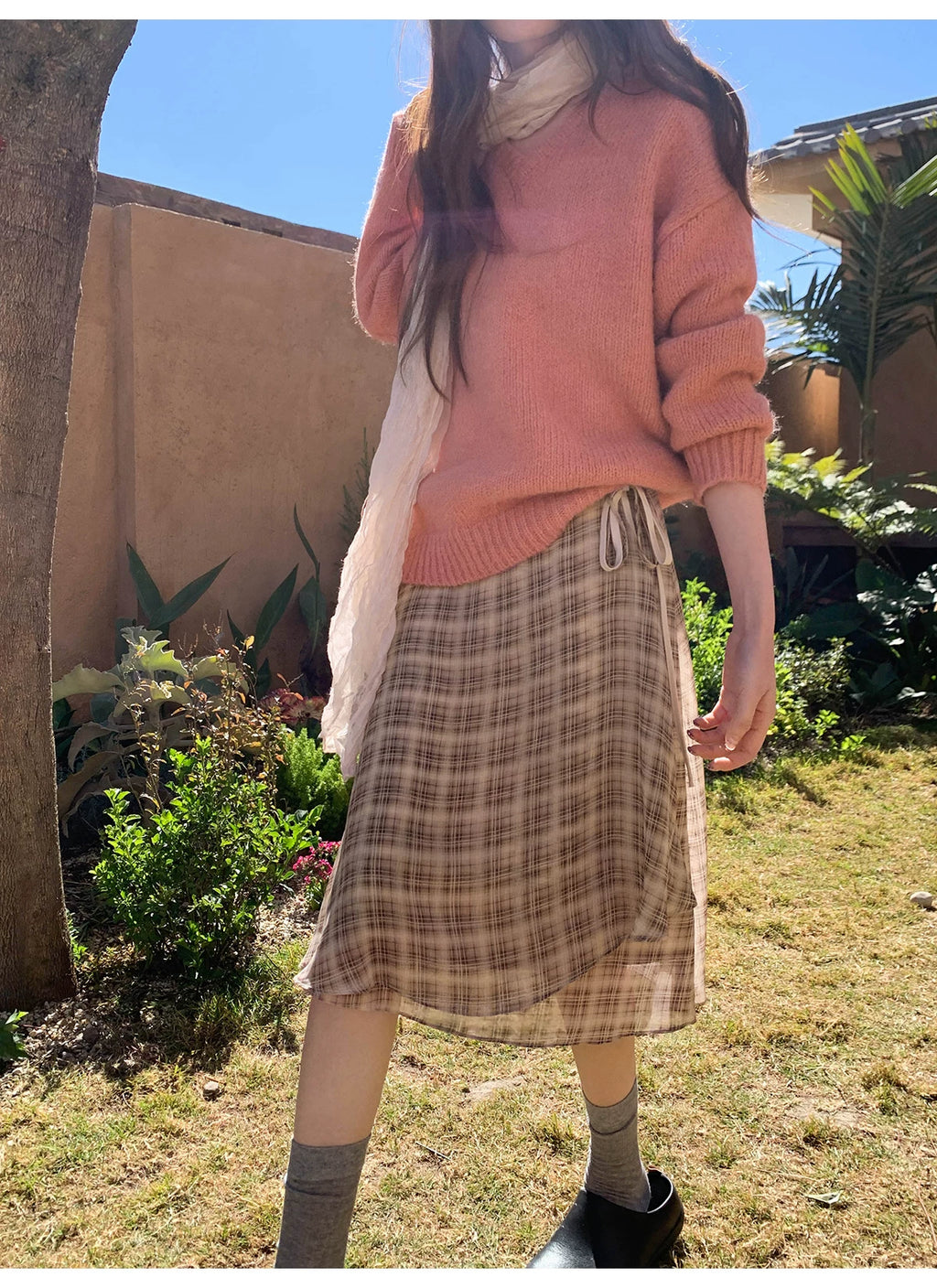 KANO Vintage Chiffon Plaid Irregular Half Skirt