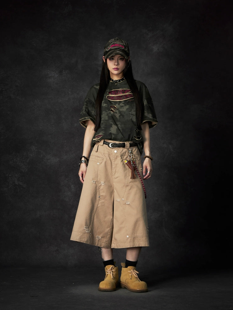 NOMANIAI Ripped Tooling Straight Cropped Pants