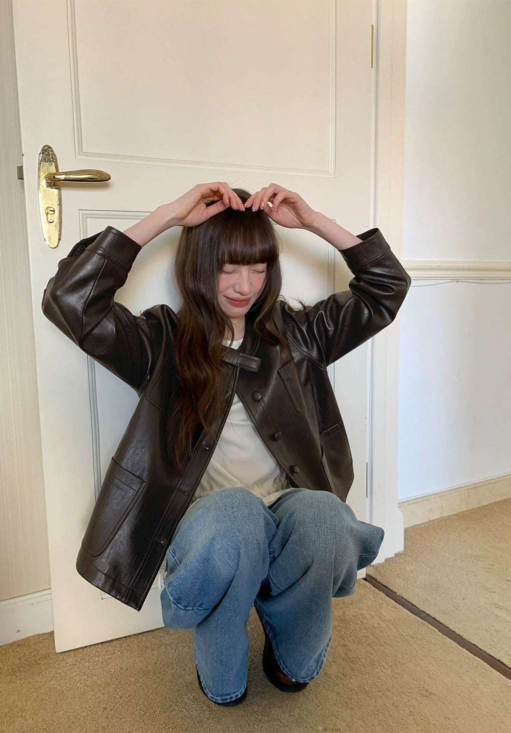 Kano Bow-embellished Small Crew Neck Leather Jacket