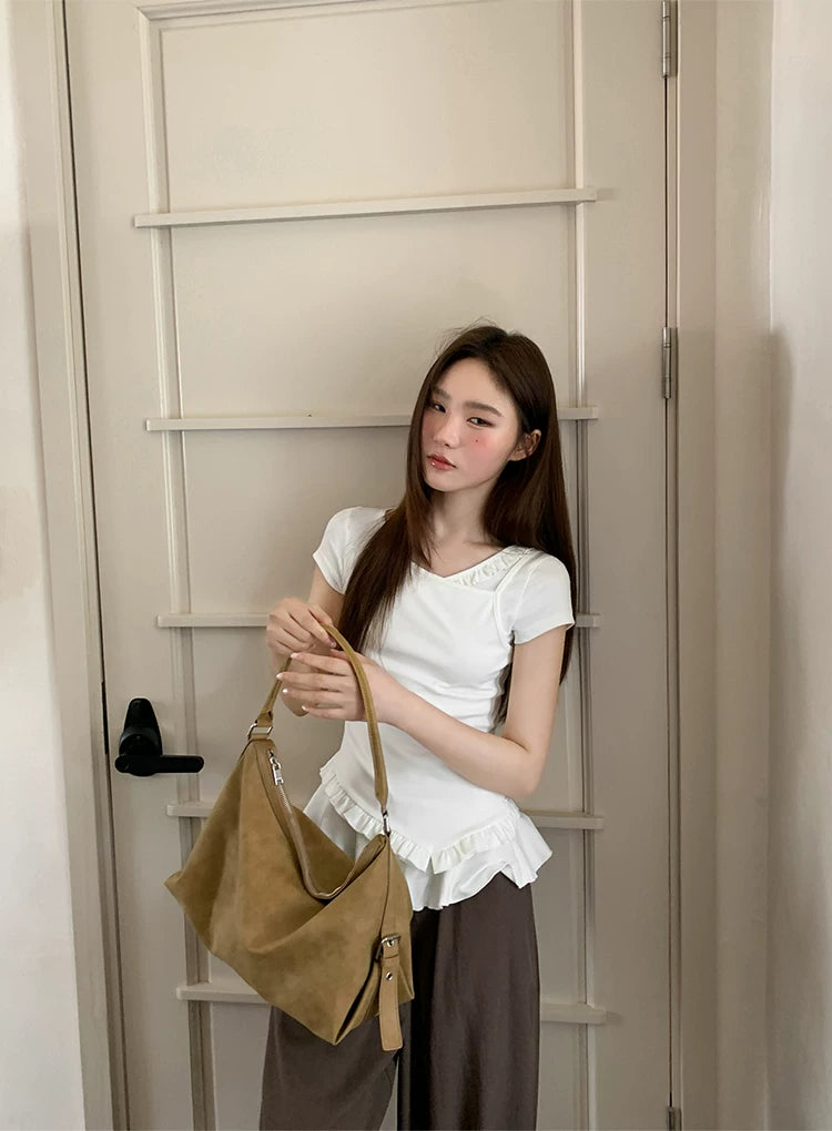 KANO Fake Two Pieces Chic Ruffle Leaf Tee