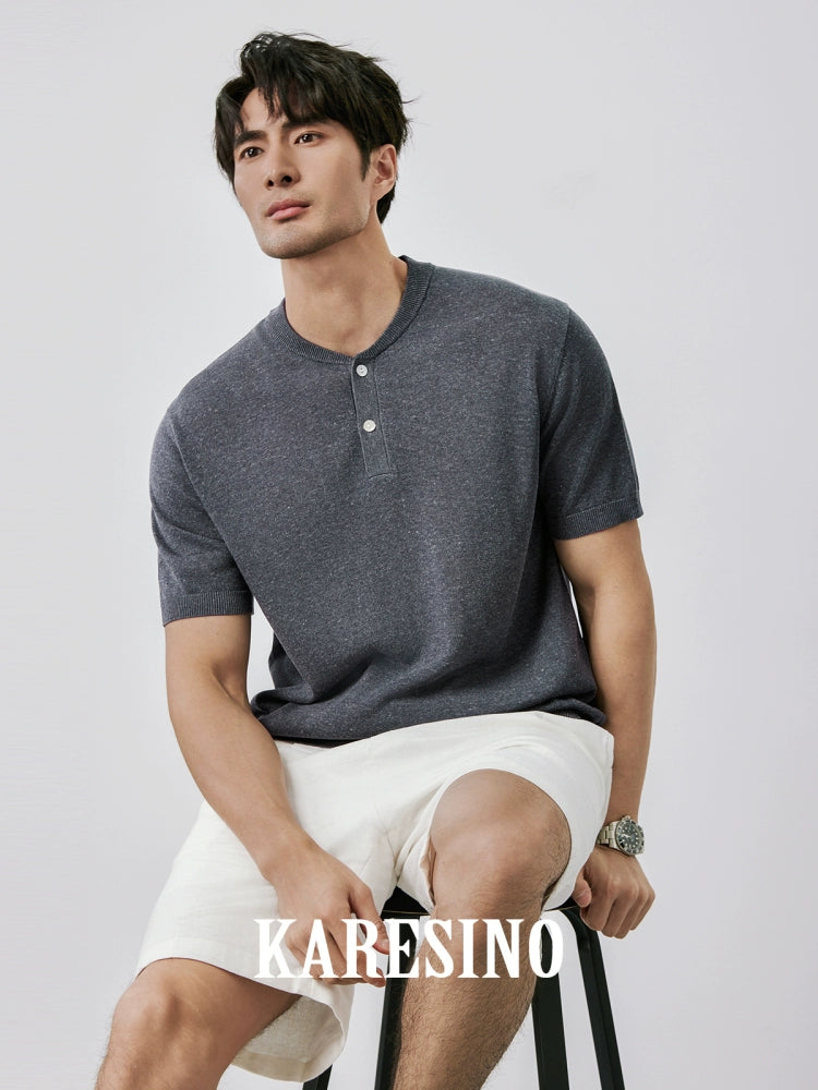 KARESINO Henry-neck Casual Knitted Polo Shirt