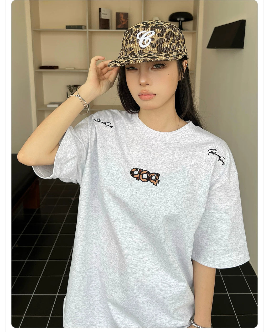 404MOB Leopard Print Alphabet Embroidered Round Neck Versatile Tee